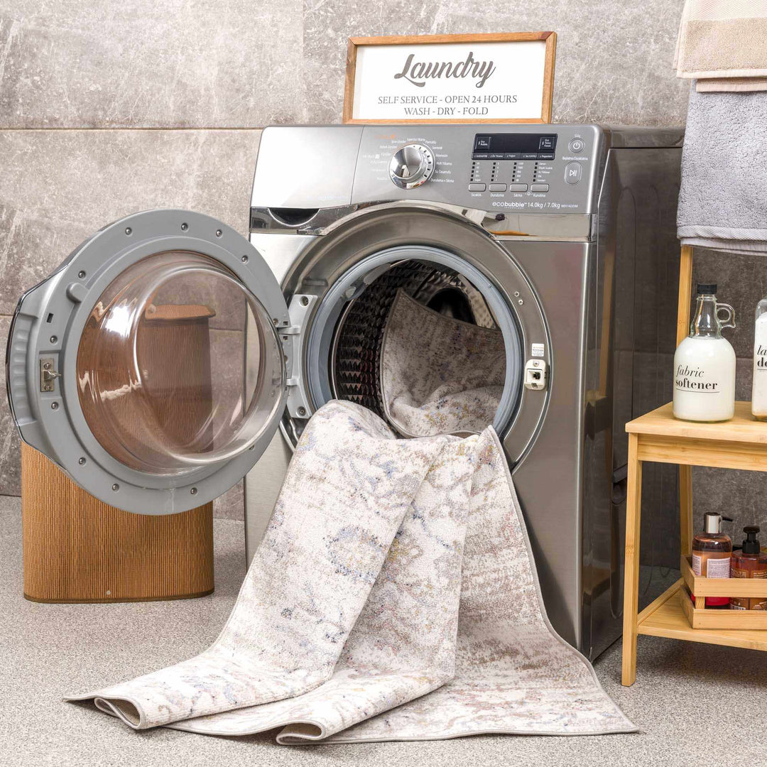 Ivory, Beige, Peach and Charcoal Antique Floral Washable Area Rug - The Rug Decor