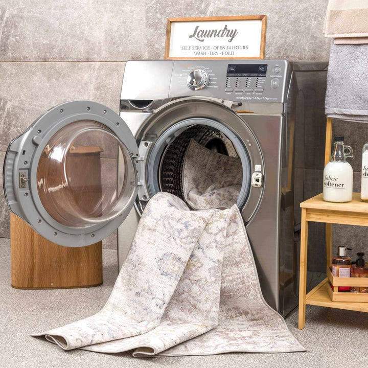 Ivory, Beige, Peach and Charcoal Antique Floral Washable Area Rug - The Rug Decor