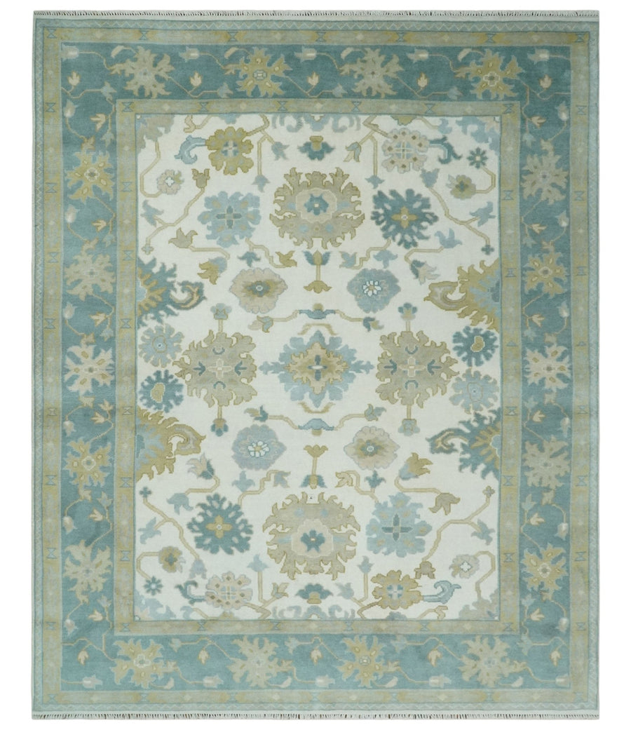 Ivory, Blue and Beige Floral Oushak Hand Knotted Traditional Turkish Inspired Wool Area Rug | TRDCP1538 - The Rug Decor
