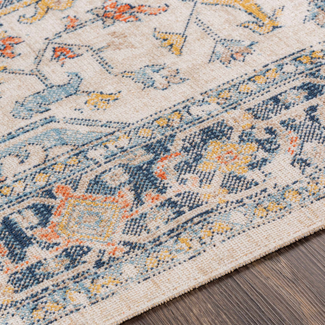 Ivory, Blue, Rust and Mustard Traditional Medallion Outdoor Safe Area Rug - The Rug Decor