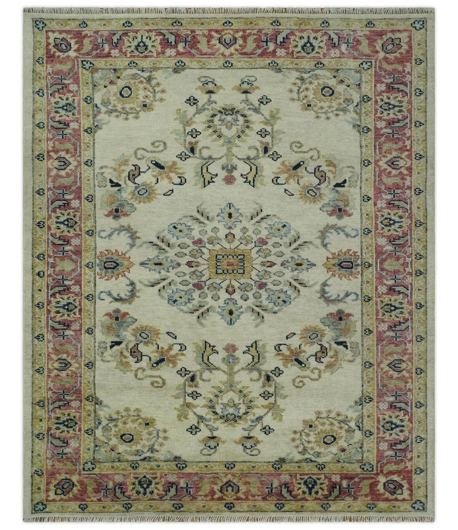Ivory, Brown, Olive and Charcoal Traditional Heriz Medallion Custom Made Wool Area Rug - The Rug Decor