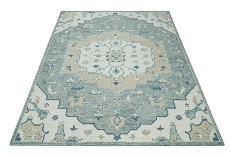 Ivory, Camel and Blue 3x5, 5x8, 6x9 and 8x10 Hand Tufted Medallion Wool Area Rug - The Rug Decor