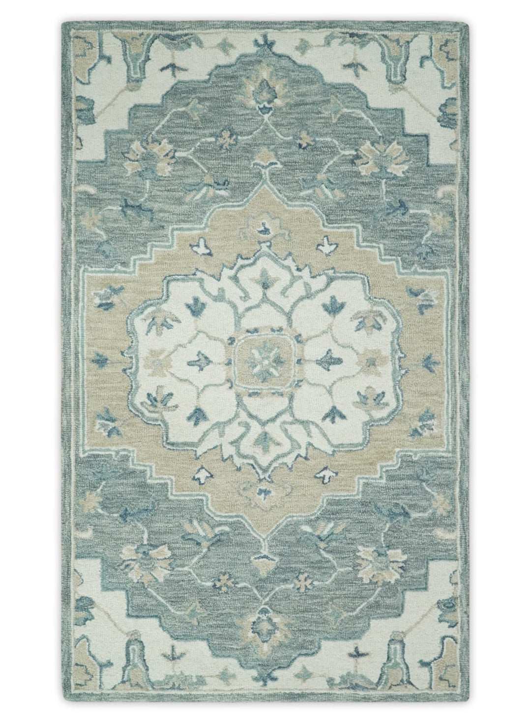 Ivory, Camel and Blue 3x5, 5x8, 6x9 and 8x10 Hand Tufted Medallion Wool Area Rug - The Rug Decor