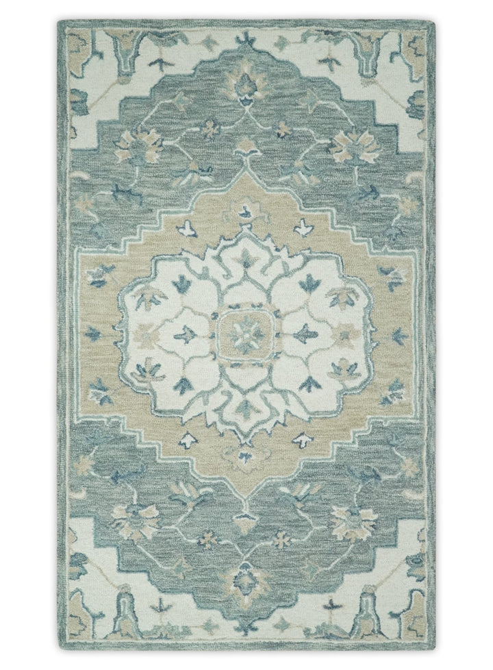 Ivory, Camel and Blue 3x5, 5x8, 6x9 and 8x10 Hand Tufted Medallion Wool Area Rug - The Rug Decor