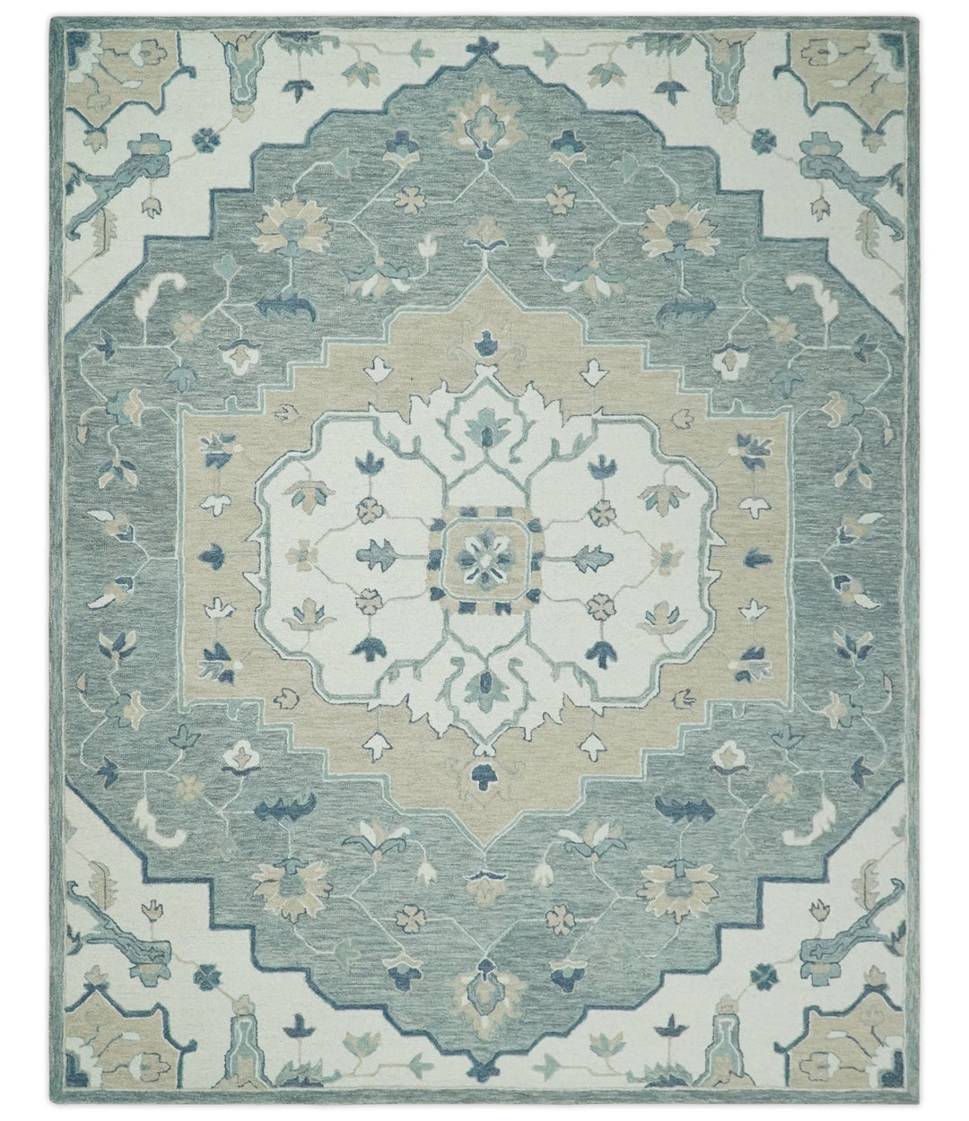 Ivory, Camel and Blue 3x5, 5x8, 6x9 and 8x10 Hand Tufted Medallion Wool Area Rug - The Rug Decor