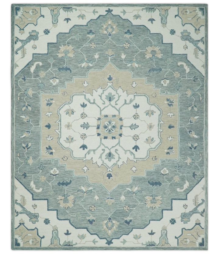 Ivory, Camel and Blue 3x5, 5x8, 6x9 and 8x10 Hand Tufted Medallion Wool Area Rug - The Rug Decor