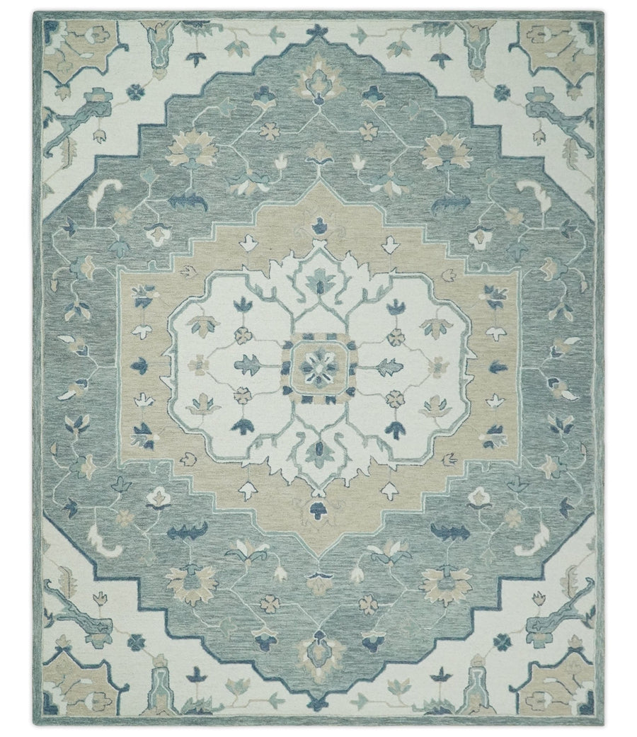 Ivory, Camel and Blue 3x5, 5x8, 6x9 and 8x10 Hand Tufted Medallion Wool Area Rug - The Rug Decor