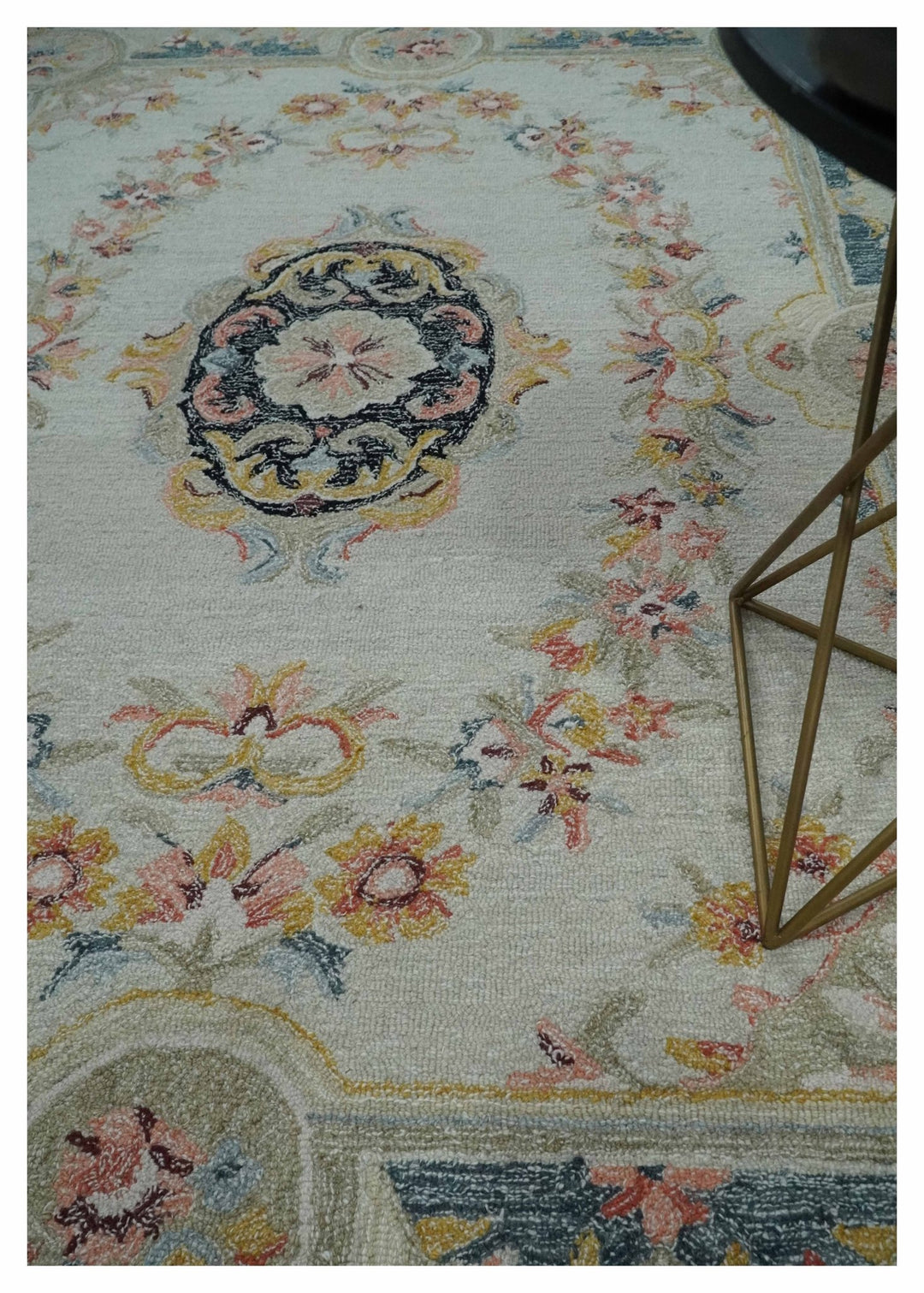 Ivory, Light Green and Charcoal Aubusson design Hand Tufted 8x10 wool Area Rug - The Rug Decor