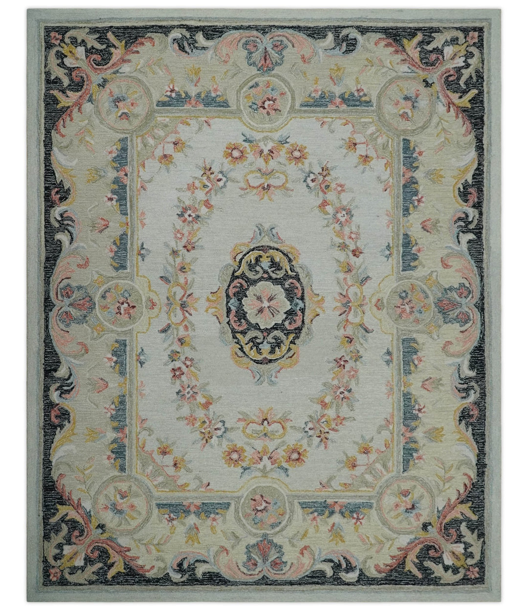 Ivory, Light Green and Charcoal Aubusson design Hand Tufted 8x10 wool Area Rug - The Rug Decor