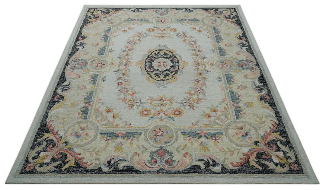Ivory, Light Green and Charcoal Aubusson design Hand Tufted 8x10 wool Area Rug - The Rug Decor