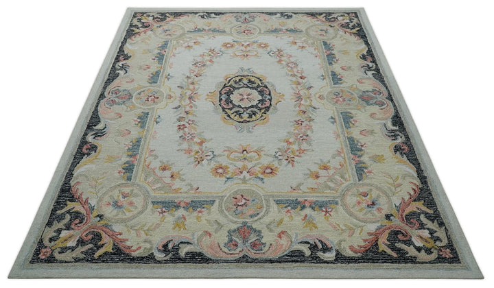 Ivory, Light Green and Charcoal Aubusson design Hand Tufted 8x10 wool Area Rug - The Rug Decor