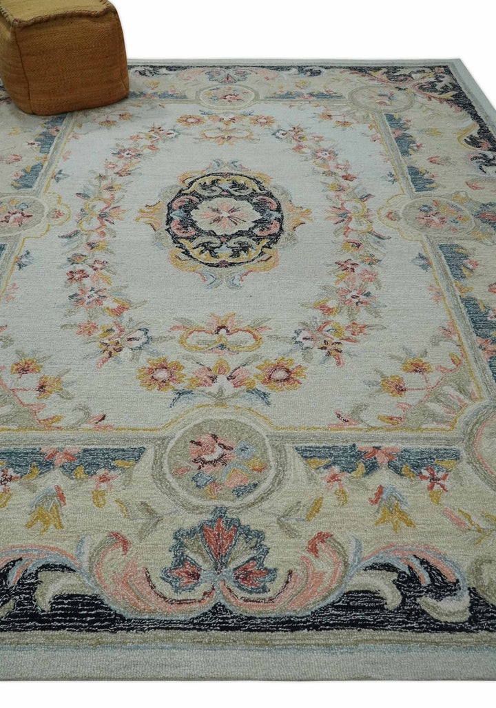 Ivory, Light Green and Charcoal Aubusson design Hand Tufted 8x10 wool Area Rug - The Rug Decor
