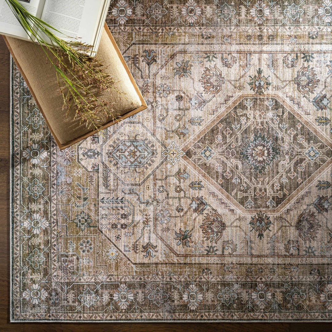 Ivory, Olive and Brown Vintage Style Traditional Floral washable Area Rug - The Rug Decor
