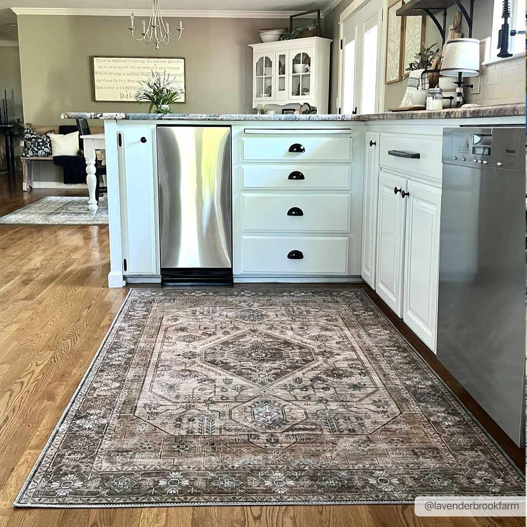 Ivory, Olive and Brown Vintage Style Traditional Floral washable Area Rug - The Rug Decor