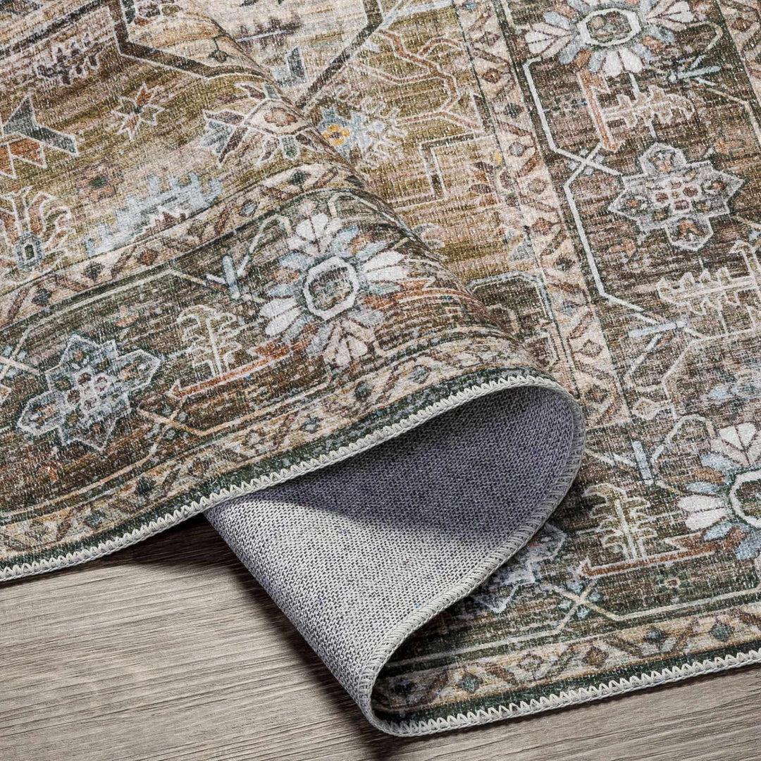 Ivory, Olive and Brown Vintage Style Traditional Floral washable Area Rug - The Rug Decor