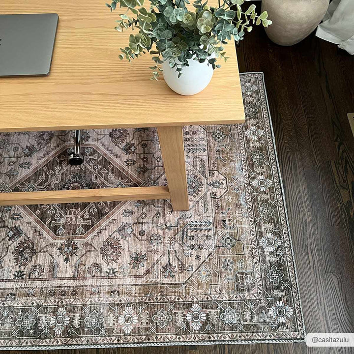 Ivory, Olive and Brown Vintage Style Traditional Floral washable Area Rug - The Rug Decor