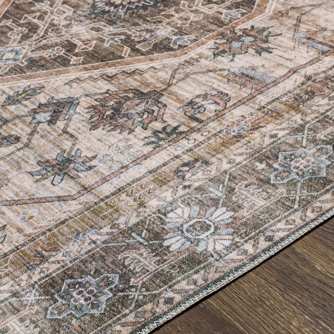 Ivory, Olive and Brown Vintage Style Traditional Floral washable Area Rug - The Rug Decor