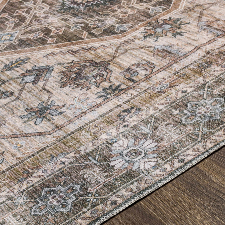 Ivory, Olive and Brown Vintage Style Traditional Floral washable Area Rug - The Rug Decor