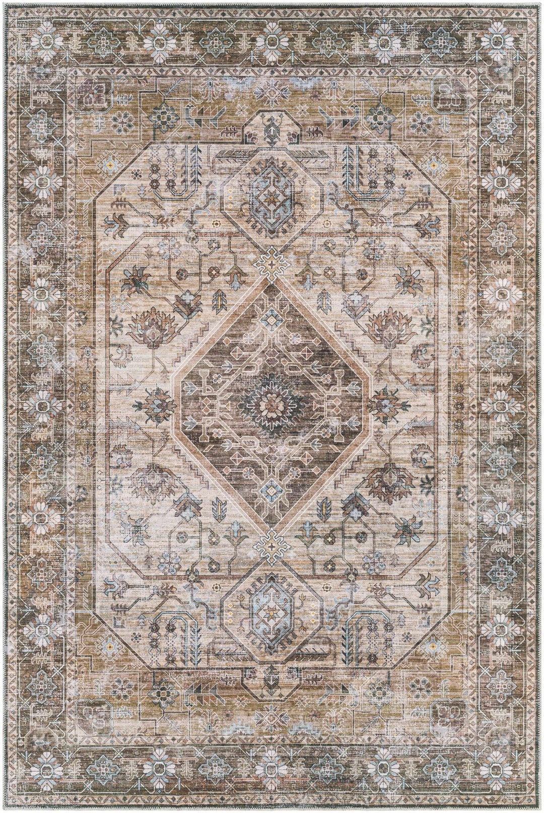 Ivory, Olive and Brown Vintage Style Traditional Floral washable Area Rug - The Rug Decor