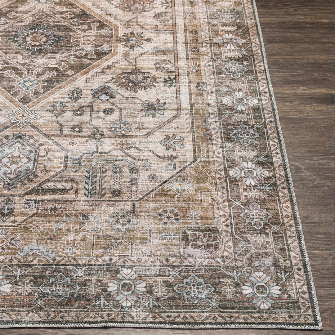 Ivory, Olive and Brown Vintage Style Traditional Floral washable Area Rug - The Rug Decor