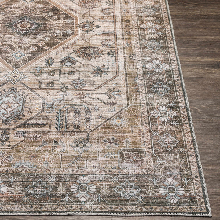 Ivory, Olive and Brown Vintage Style Traditional Floral washable Area Rug - The Rug Decor