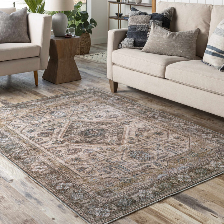Ivory, Olive and Brown Vintage Style Traditional Floral washable Area Rug - The Rug Decor