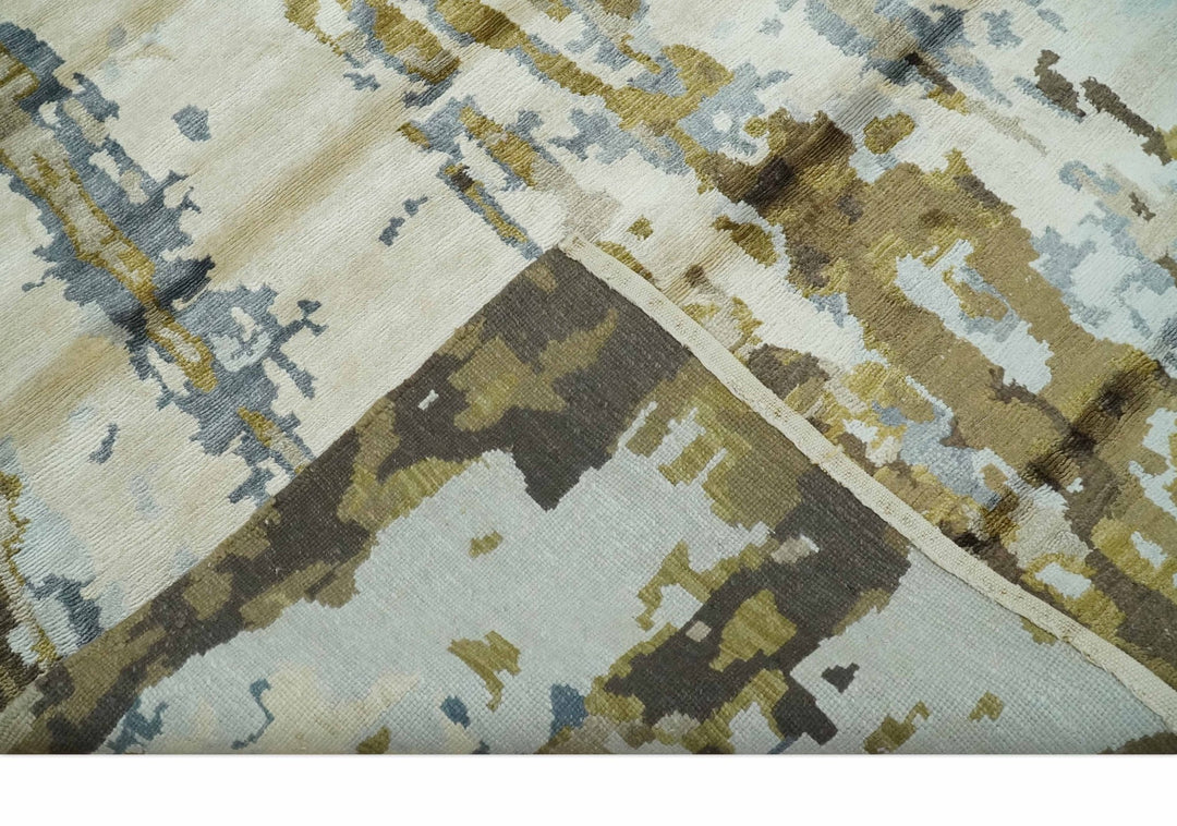 Ivory, Olive and Gray Modern Abstract 6x9 Hand Knotted Bamboo Silk Area Rug - The Rug Decor