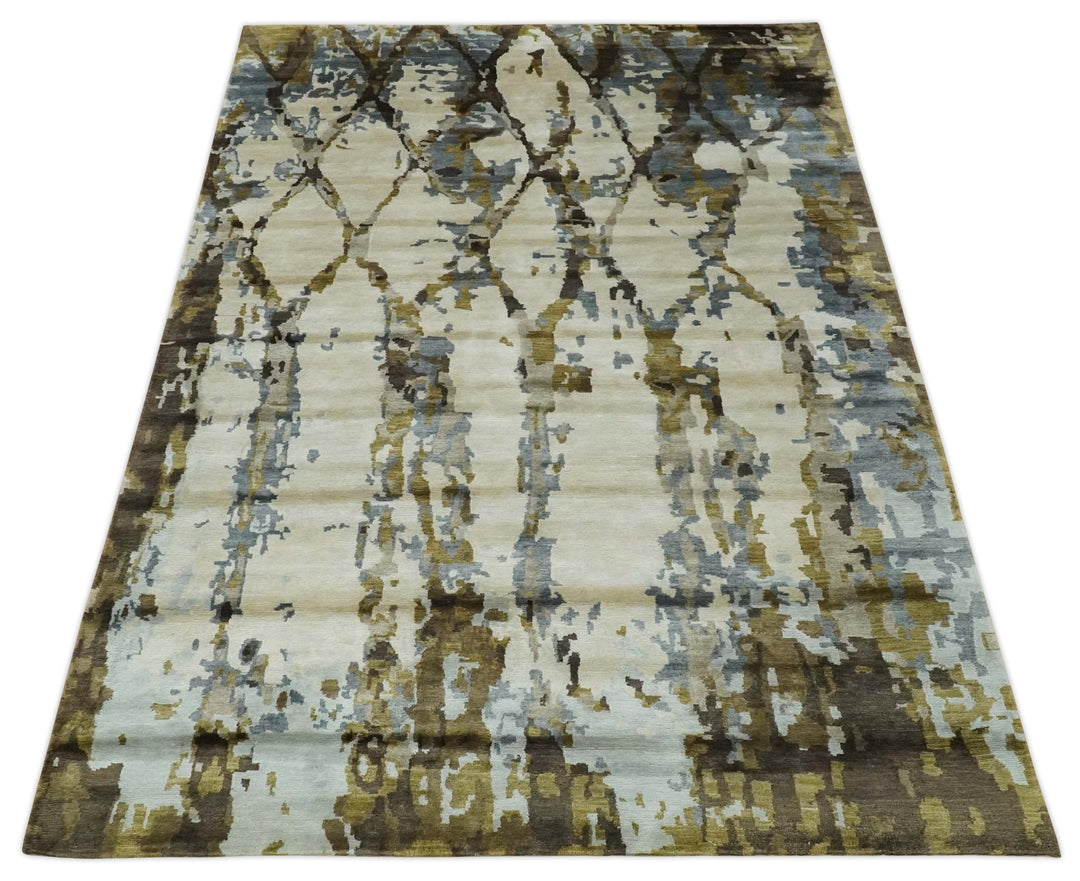 Ivory, Olive and Gray Modern Abstract 6x9 Hand Knotted Bamboo Silk Area Rug - The Rug Decor