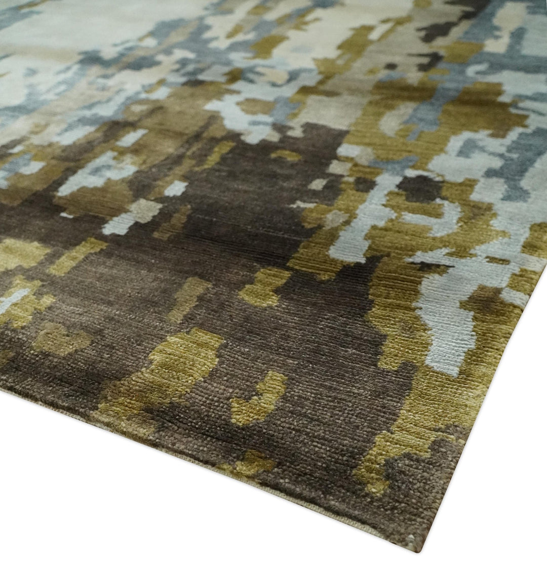 Ivory, Olive and Gray Modern Abstract 6x9 Hand Knotted Bamboo Silk Area Rug - The Rug Decor