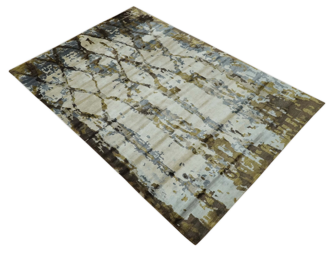 Ivory, Olive and Gray Modern Abstract 6x9 Hand Knotted Bamboo Silk Area Rug - The Rug Decor