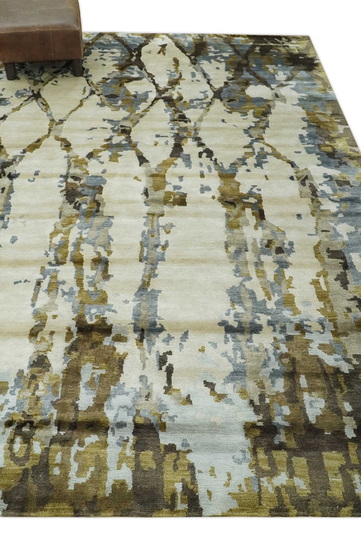 Ivory, Olive and Gray Modern Abstract 6x9 Hand Knotted Bamboo Silk Area Rug - The Rug Decor