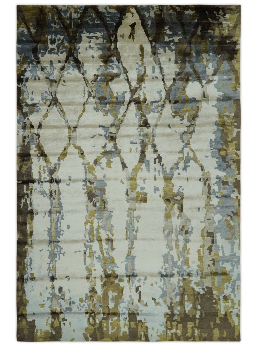 Ivory, Olive and Gray Modern Abstract 6x9 Hand Knotted Bamboo Silk Area Rug - The Rug Decor