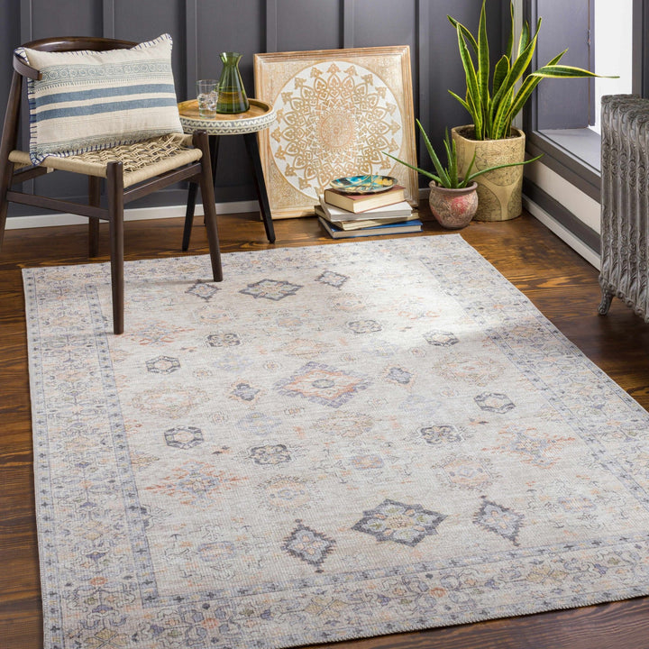 Ivory, Rust and Blue Machine Woven Traditional Design Machine Washable Rug - The Rug Decor