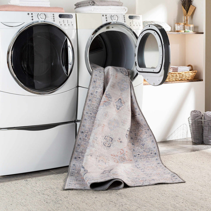 Ivory, Rust and Blue Machine Woven Traditional Design Machine Washable Rug - The Rug Decor