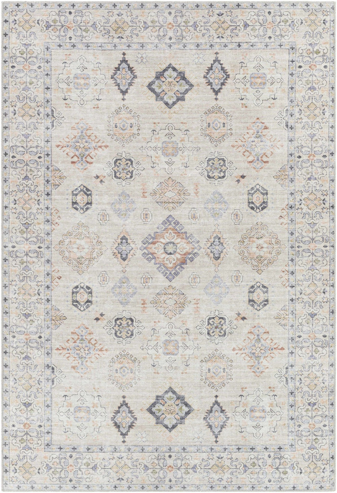 Ivory, Rust and Blue Machine Woven Traditional Design Machine Washable Rug - The Rug Decor
