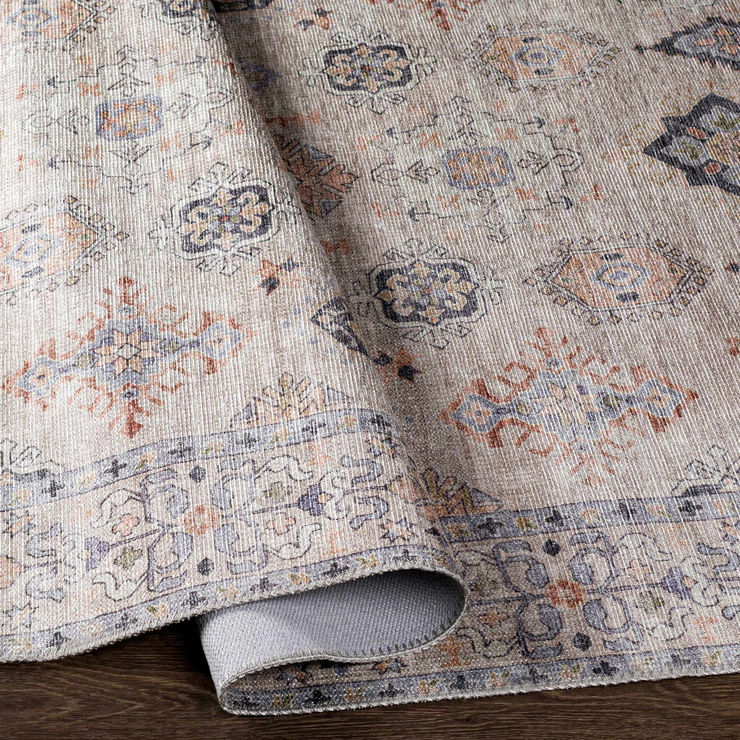 Ivory, Rust and Blue Machine Woven Traditional Design Machine Washable Rug - The Rug Decor