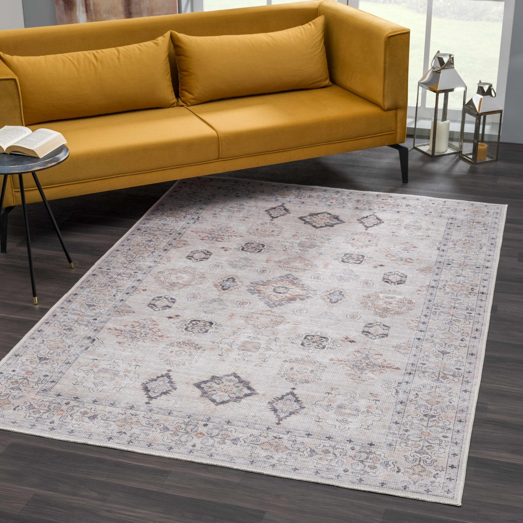 Ivory, Rust and Blue Machine Woven Traditional Design Machine Washable Rug - The Rug Decor