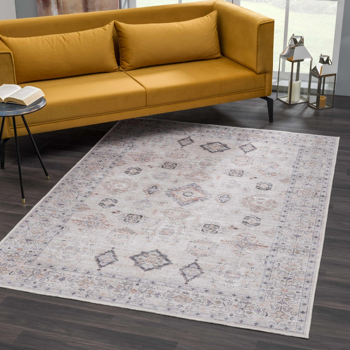 Ivory, Rust and Blue Machine Woven Traditional Design Machine Washable Rug - The Rug Decor