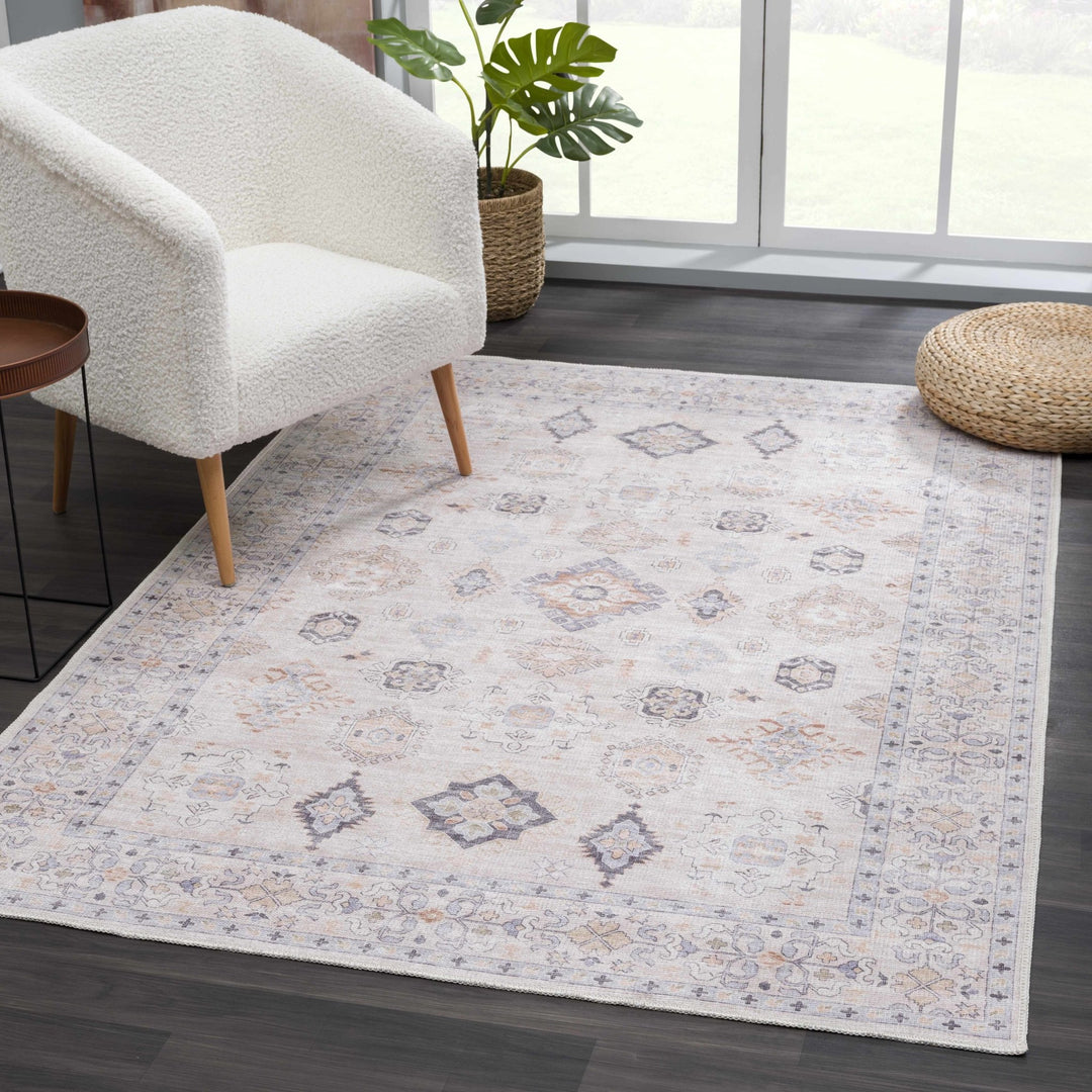 Ivory, Rust and Blue Machine Woven Traditional Design Machine Washable Rug - The Rug Decor
