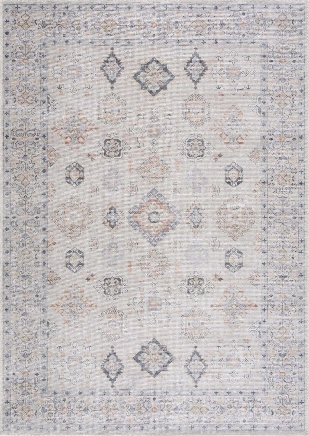 Ivory, Rust and Blue Machine Woven Traditional Design Machine Washable Rug - The Rug Decor