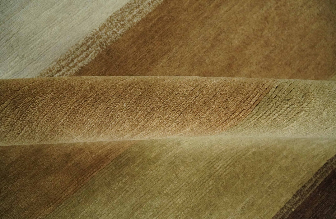 Ivory, Rust, Olive and Brown Modern Geometrical Stripes Hand knotted 5.6x6.6 wool Area Rug - The Rug Decor