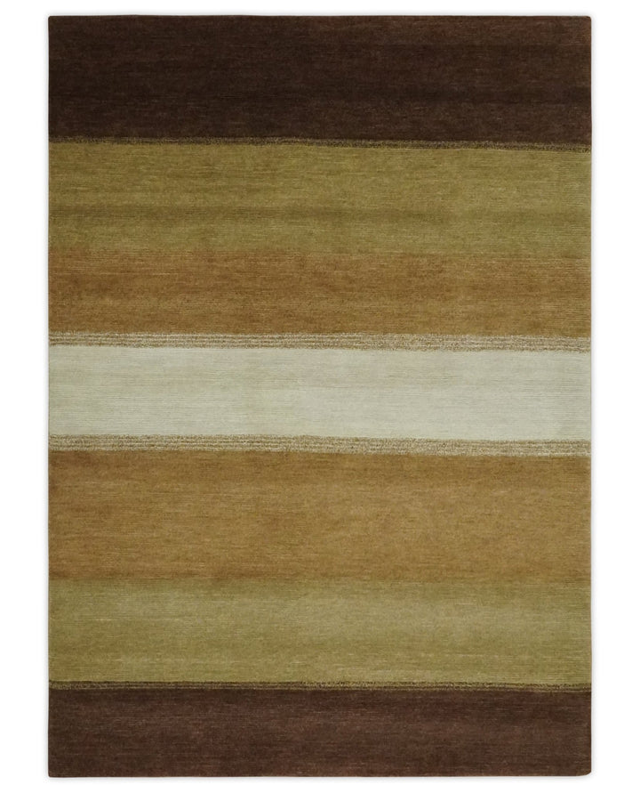 Ivory, Rust, Olive and Brown Modern Geometrical Stripes Hand knotted 5.6x6.6 wool Area Rug - The Rug Decor