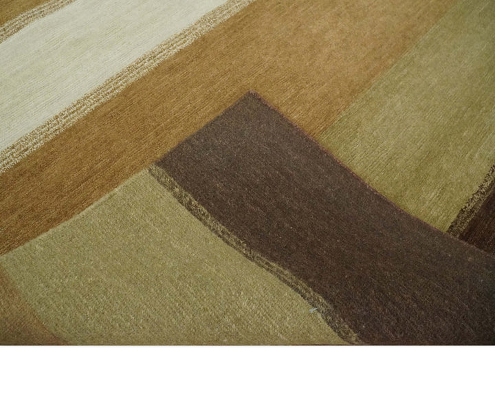 Ivory, Rust, Olive and Brown Modern Geometrical Stripes Hand knotted 5.6x6.6 wool Area Rug - The Rug Decor