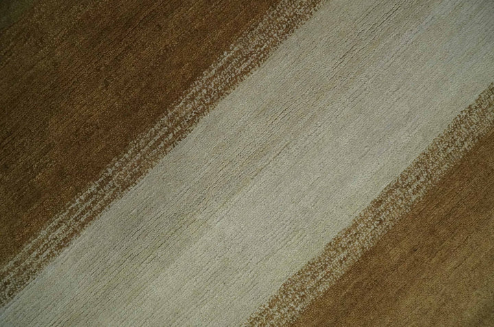 Ivory, Rust, Olive and Brown Modern Geometrical Stripes Hand knotted 5.6x6.6 wool Area Rug - The Rug Decor
