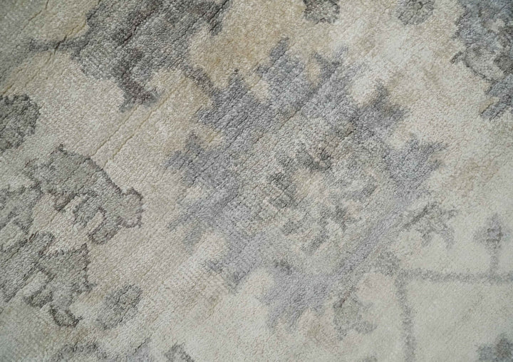 Ivory, Silver and Charcoal 8x10 Hand Knotted All Bamboo Silk Fine Oushak Area Rug - The Rug Decor