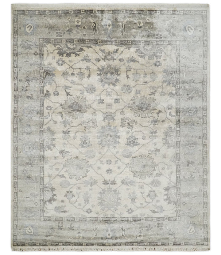 Ivory, Silver and Charcoal 8x10 Hand Knotted All Bamboo Silk Fine Oushak Area Rug - The Rug Decor