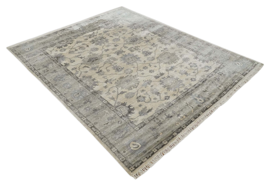 Ivory, Silver and Charcoal 8x10 Hand Knotted All Bamboo Silk Fine Oushak Area Rug - The Rug Decor