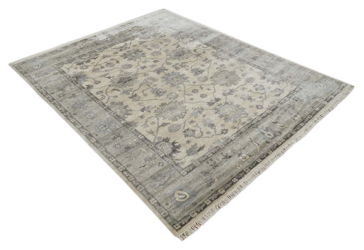 Ivory, Silver and Charcoal 8x10 Hand Knotted All Bamboo Silk Fine Oushak Area Rug - The Rug Decor