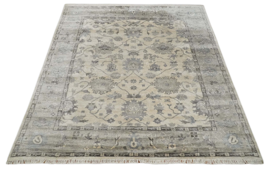 Ivory, Silver and Charcoal 8x10 Hand Knotted All Bamboo Silk Fine Oushak Area Rug - The Rug Decor