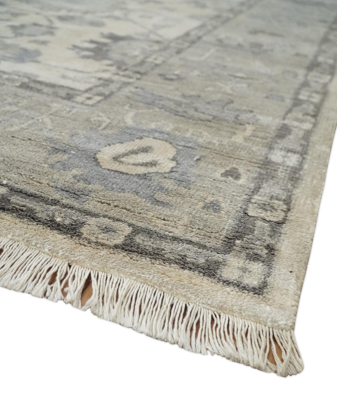 Ivory, Silver and Charcoal 8x10 Hand Knotted All Bamboo Silk Fine Oushak Area Rug - The Rug Decor